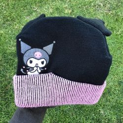 Sanrio Kuromi Cuffed Knitted Embroidered Logo 3D Ears Plush Horns Kids Teen Girls Black Pink Beanie Hat Hello Kitty Character Knit Head Wear Cap