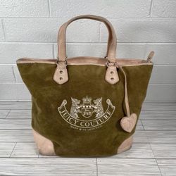  Vintage Juicy Couture Y2K Olive Green/Pink Velour Scottie Bag Purse XL Tote   