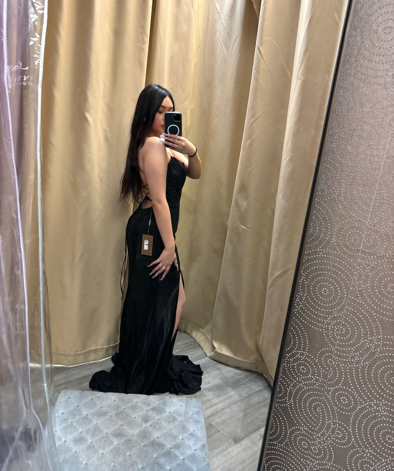 Black Glittery Prom Dress With One Leg Slit And Open Back With Skirt On Bottom