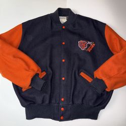    Chicago Bears NFL Football Delong Wool Varsity Bomber  Jacket Zip Up Hoodie Sweater Football NFC Navy Orange Embroidered 