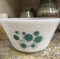 Federal Atomic Dot Milk Glass Bowl Nesting Mixing Turquoise Aqua Teal 9" Vtg USA