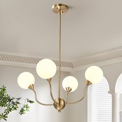 Milk Globe Glass Mordern Chandelier, 4 Lights Brass Pendant Lights