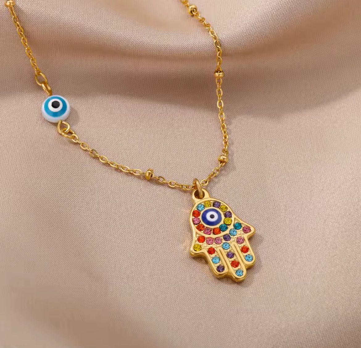 18k Gold Stainless Steel Hamsa Hand & Evil Eye Necklace w/ Crystals 16” Chain