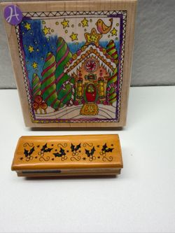 Lot of 2 Holiday Rubber Stamps Gingerbread House & Holly Border G-11