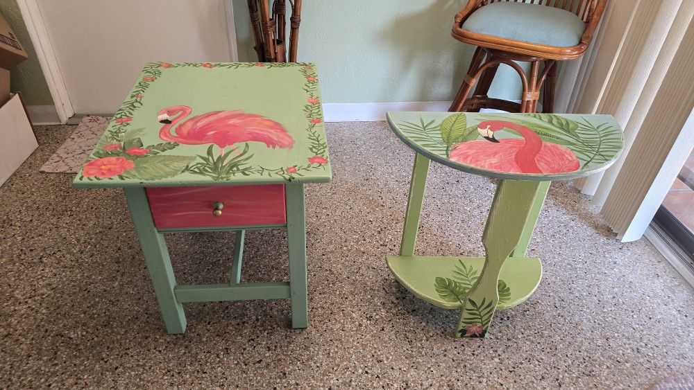 2 HAND PAINTED Flamingo Tables, Entry Way, DECOR