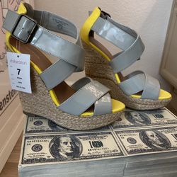 New with tags women’s espadrille high gray yellow heel sandals size 7