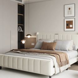 New Modern Queen Bed Frame Upholstered With Headboard, USB & Outlet, Beige