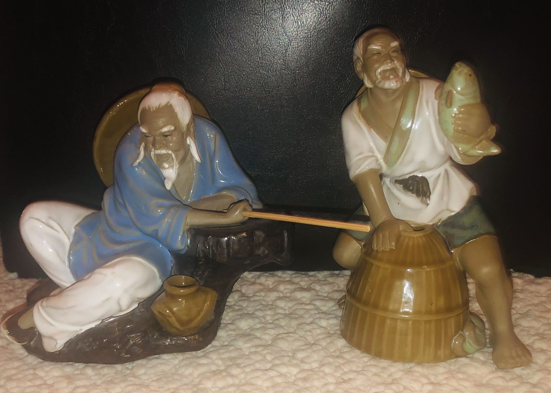 2 Vintage Porcelain Old Man Asian Statues 7 X6” & 5x7” GC