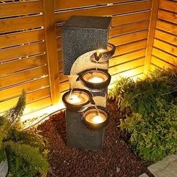 Bumilgar 36.2" H 4-Tier Water Fountain Outdoor Floor Standing, Outdoor Fountains and Waterfalls with LED Lights and Bowls for Garden, Patio, Backyard,