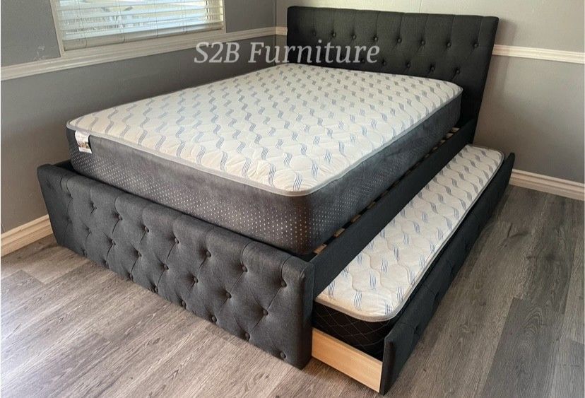 Full Twin Grey Frenchi Trundle Bed With Ortho Mattress Included!!