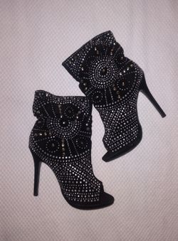Lauren Lorraine Black Suede Studded Open Toe Stiletto Booties  Ankle Boots Women's Size 9.5