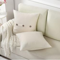 Cream White Linen Decorative Throw Pillow Covers 20x20 Inch Set of 2,Square Cushion Case with 3 Vintage Buttons,Modern Farmhouse Home Decor for Couch,
