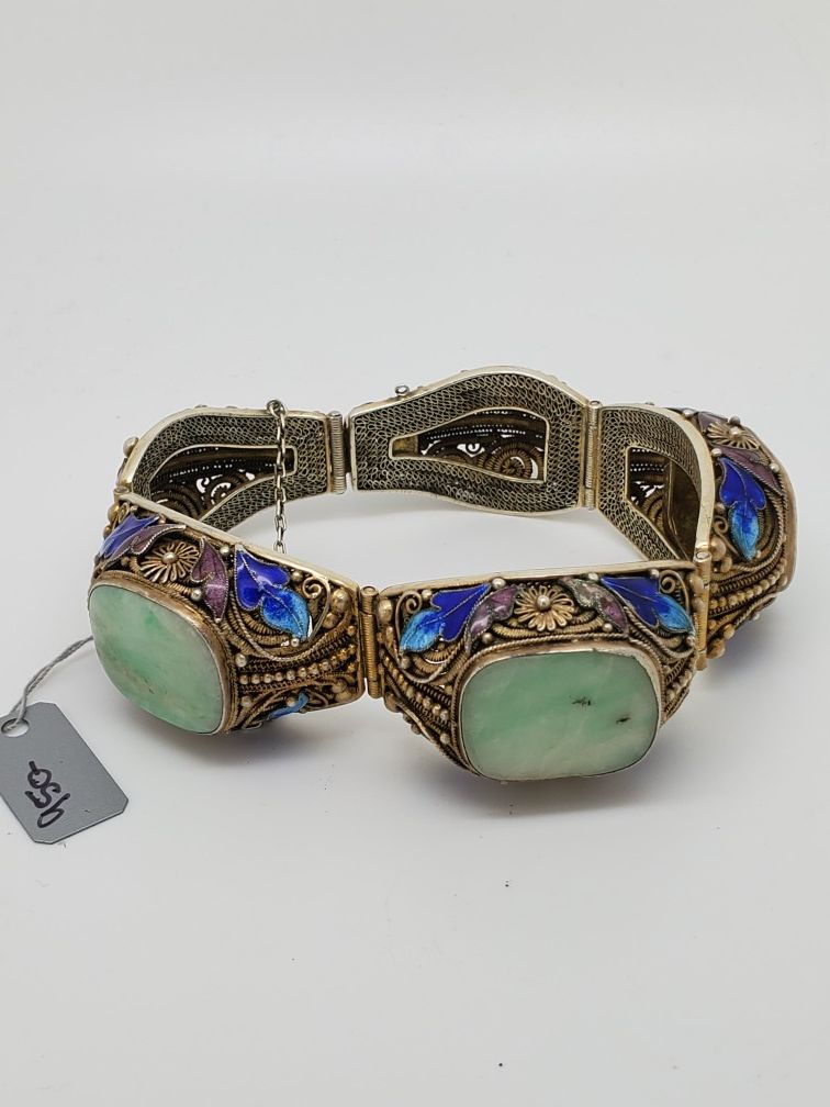 Antique Silver Enamel Jade Bracelet