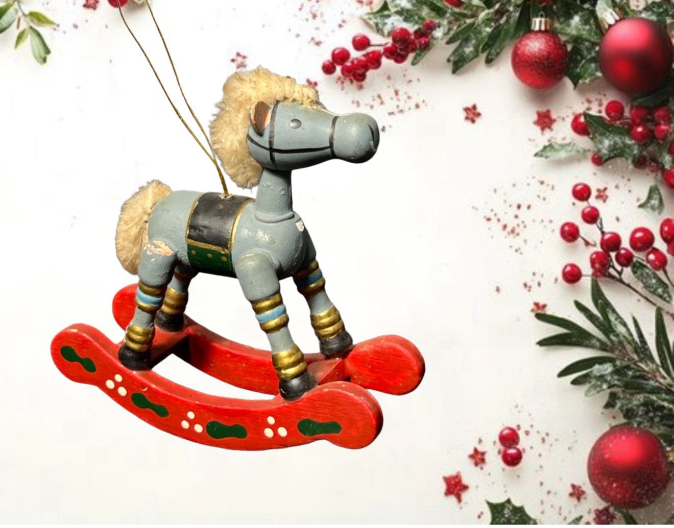 Russ Berrie 1983 Country Collection Gray Wooden Rocking Horse Ornament, 4x4”