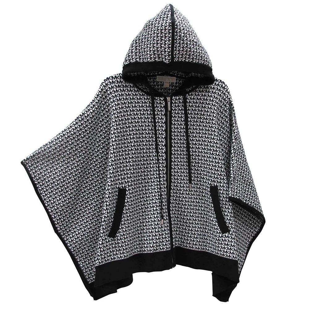 Michael Kors Black White Logo Zip-Up Cotton Poncho Outerwear S/M