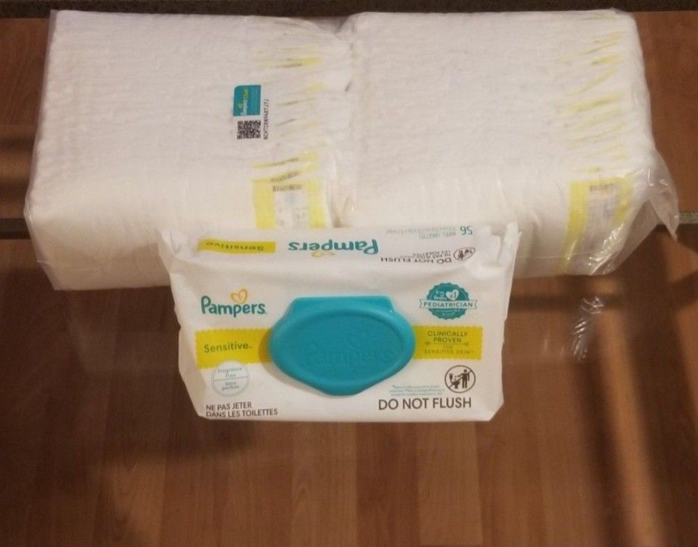 Pampers Swaddlers New Size 2 Sealed Sleeve 42 Count & Pampers Sensitive Wipes 56 Count Brand New