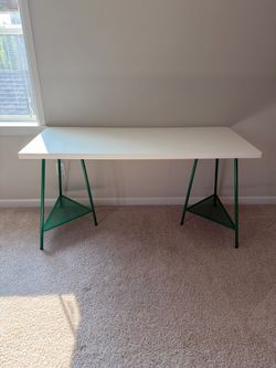 White Desk with Green Trestle Legs