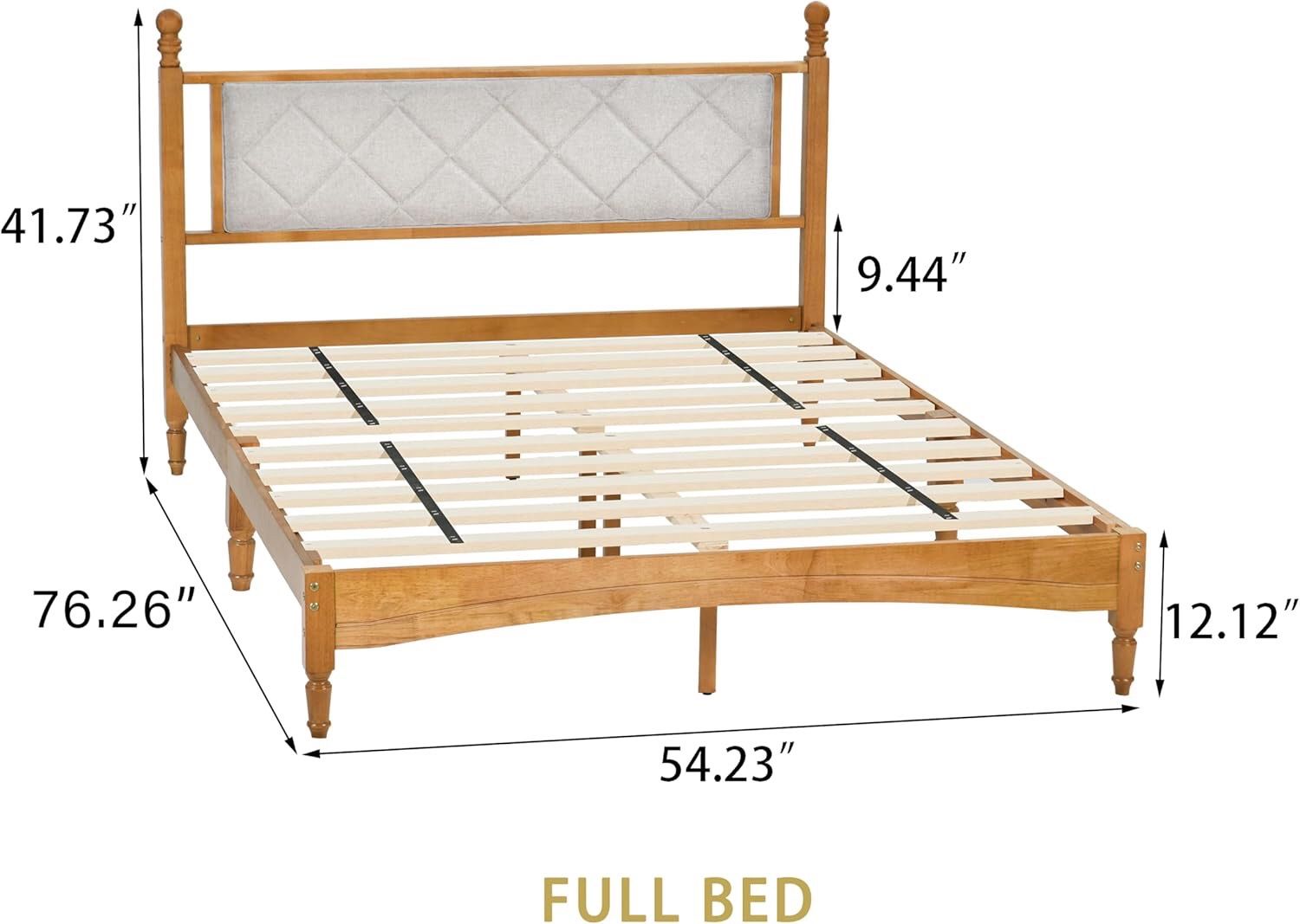 Full Bed Frame with Fabric Upholstered Headboard, Solid Rubber Wood Central Supports, Rustic Oak