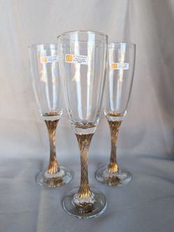 Italian Crystal Champagne Flutes with Sculptural 24K Gold Twist Stems, Set of 6, Cristal Mode, Made in Italy, New