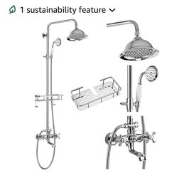 gotonovo Exposed Shower System with Spout,Polished Chrome,Shower Shelf Brass Shower Faucet Set,8’’ Rain Head with Handheld Spray,Swivel Tub Spout,2 Cr