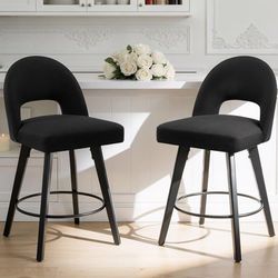 Swivel Bar Stools Set of 2, 26 Inch Counter Height Stools with Backs & Wood Legs, Modern Upholstered Fabric Counter Stools for Kitchen Island, Black