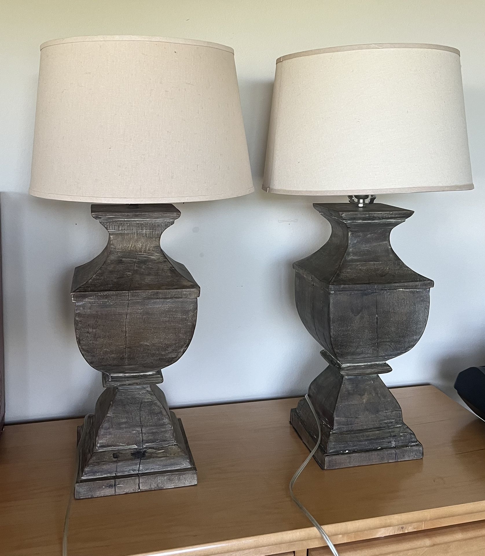 Levenger Solid Reclaimed Wood Table Lamps With Linen Lampshade- Pair