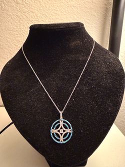 Silver Turquoise and Crystal Circle Pendant Necklace