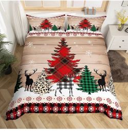 Kids Christmas Duvet Cover Set Full Size,Deer Pine Snowflake Bedding Set,Girls Boys Adults Room/Xmas Cabin Decor,Brown Wooden Plank Comforter Cover,Ru
