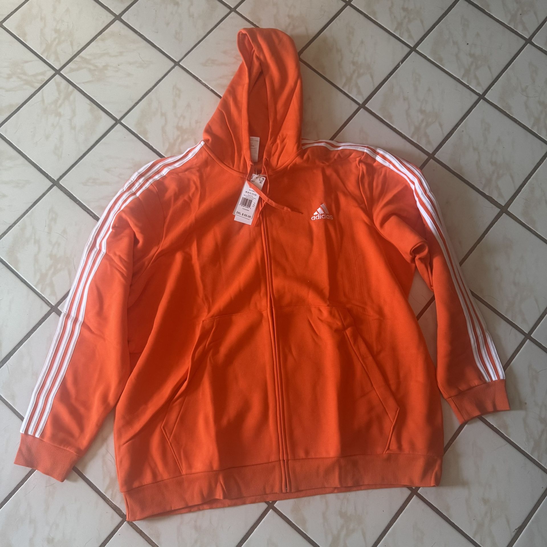 NWT Men's 3XL Adidas Essentials 3-Stripe Zip Fleece Hooded Sweatshirt Orange