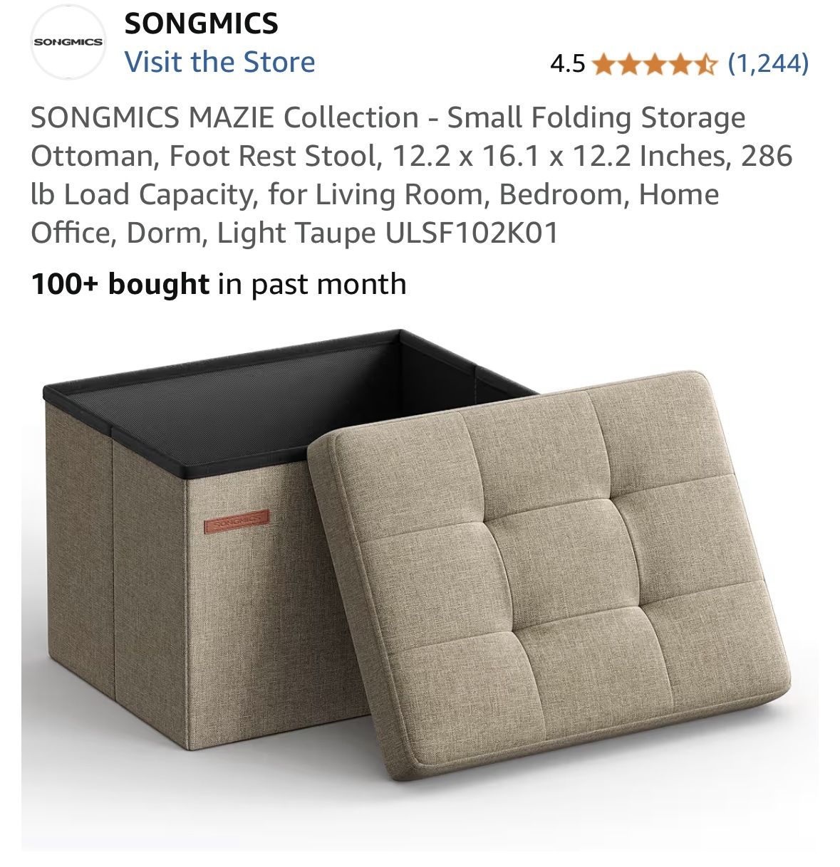 Small Folding Storage Ottoman, Foot Rest Stool, 12.2 x 16.1 x 12.2 Inches New