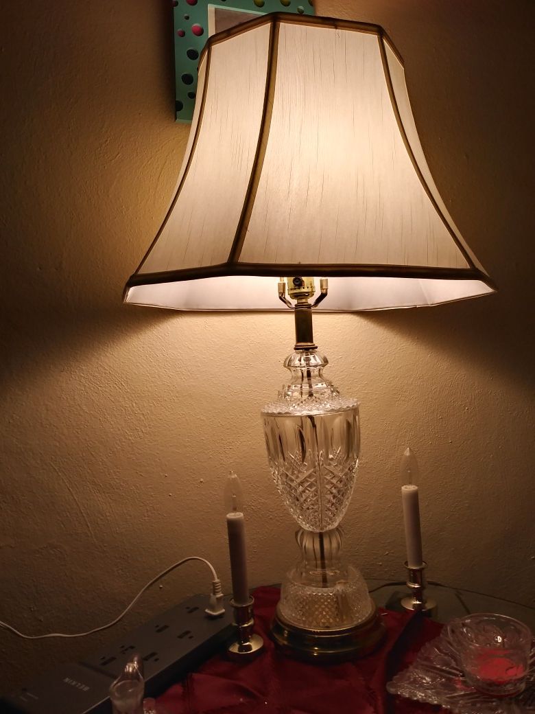 Beautiful/Vintage Cut Crystal Glass/Brass Table Lamp w/White Flared Lamp Shade