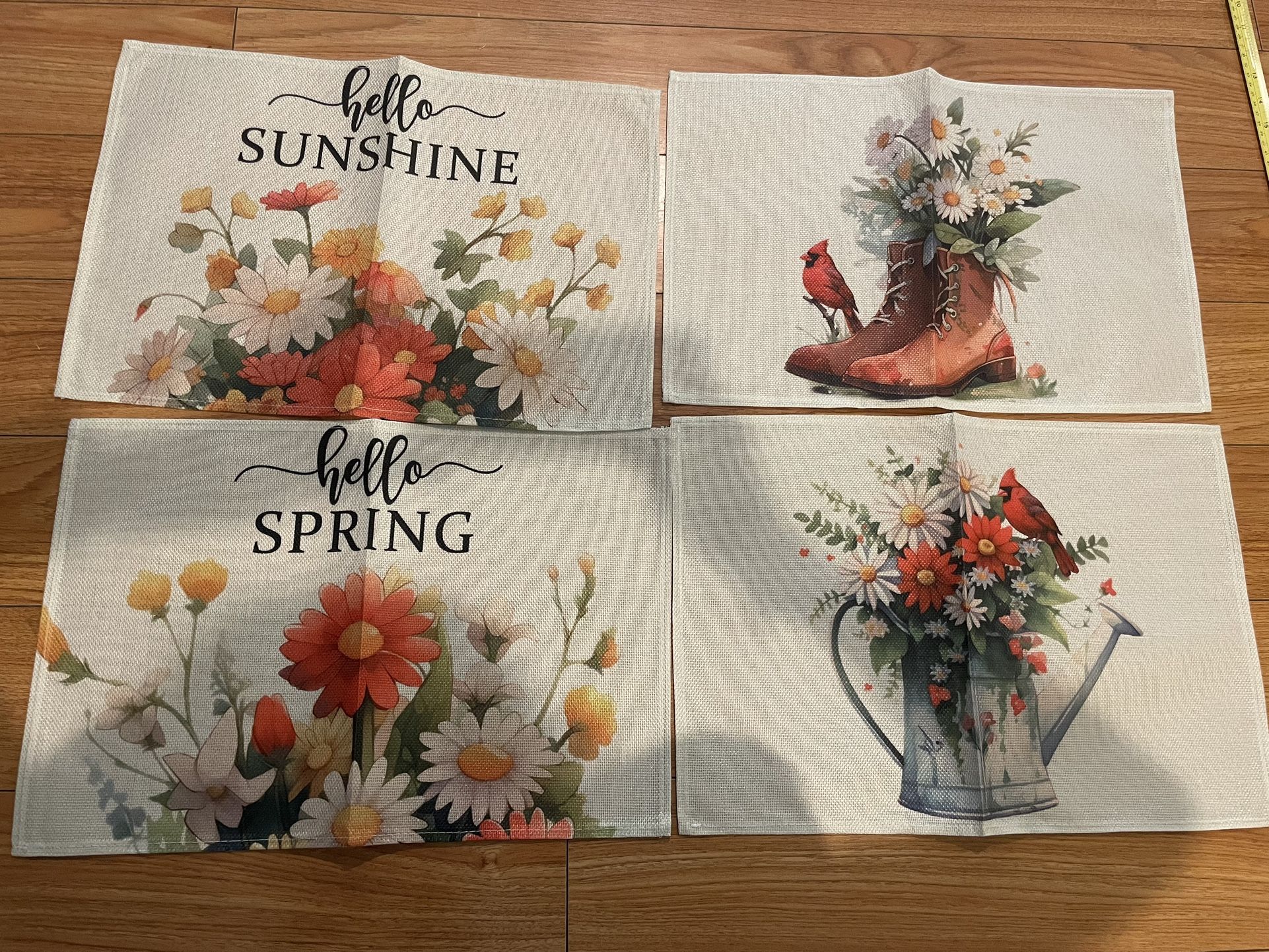 Spring Placemats Set of 4 Daisy Cardinal Boots Hello Sunshine 12x18 Inch Linen Table Mats for Kitchen Dining Table Home Party Decor