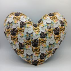 Vintage Kitty Cat Wearing Glasses Home Decor Heart Shaped Throw Pillow. 