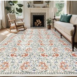 GarveeHome Area Rugs 8x10 for Living Room, Retro Floral Large Washable Rug Soft Non Slip Backing Floor Mat Carpet Indoor Thin Accent Rug for Bedroom D