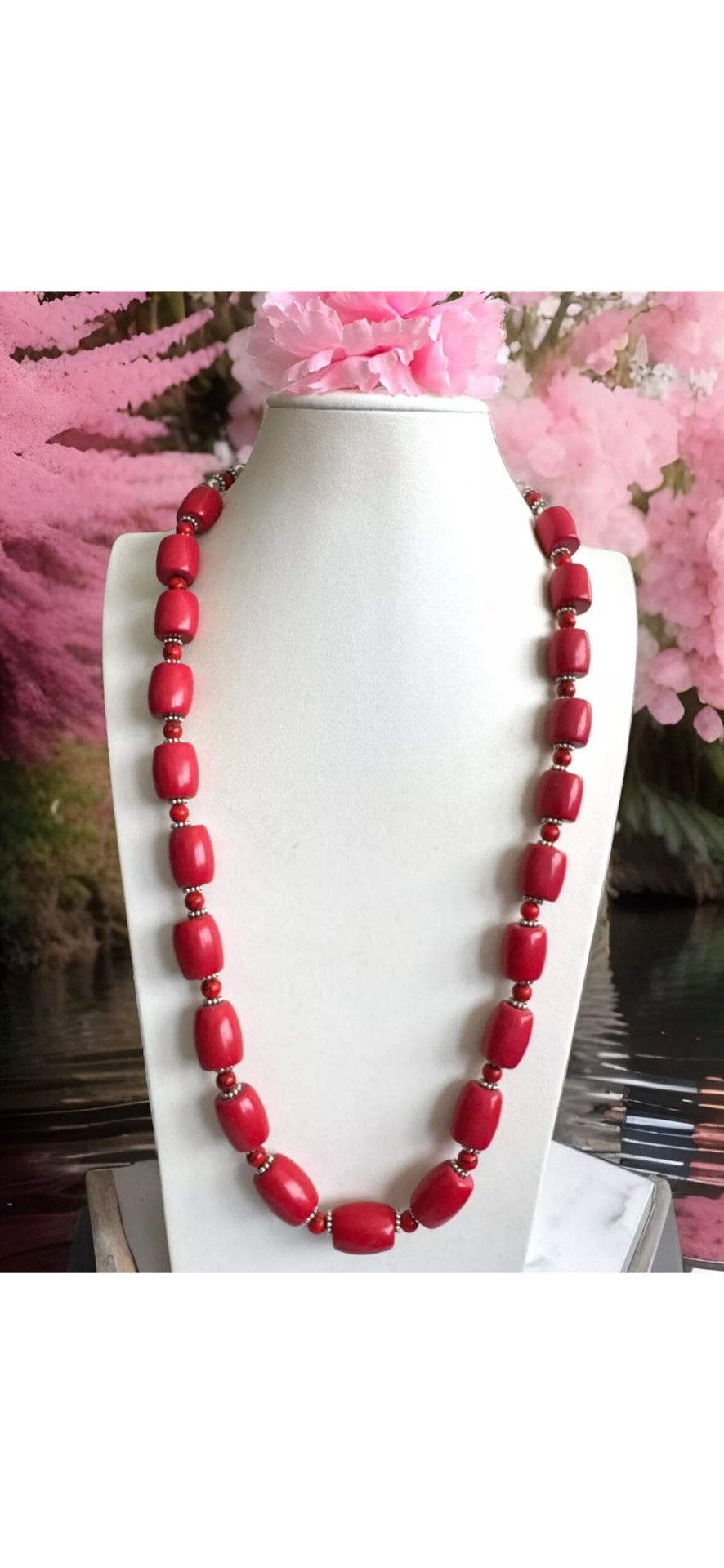 Gorgeous & Vibrant Barrel Shape Himalayan Sherpa Coral Handmade Necklace 25”inch long
