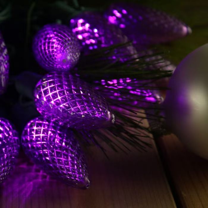 C9 Christmas Lights Purple, 50 LED 32FT Outdoor Hanging Christmas Roofline Lights for Outdoor Patio Decor, Colored, Dark Green Wire,End to End(Purple)