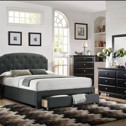 Studded Burlap Grey Queen Bed w Pull Out Drawer!!!