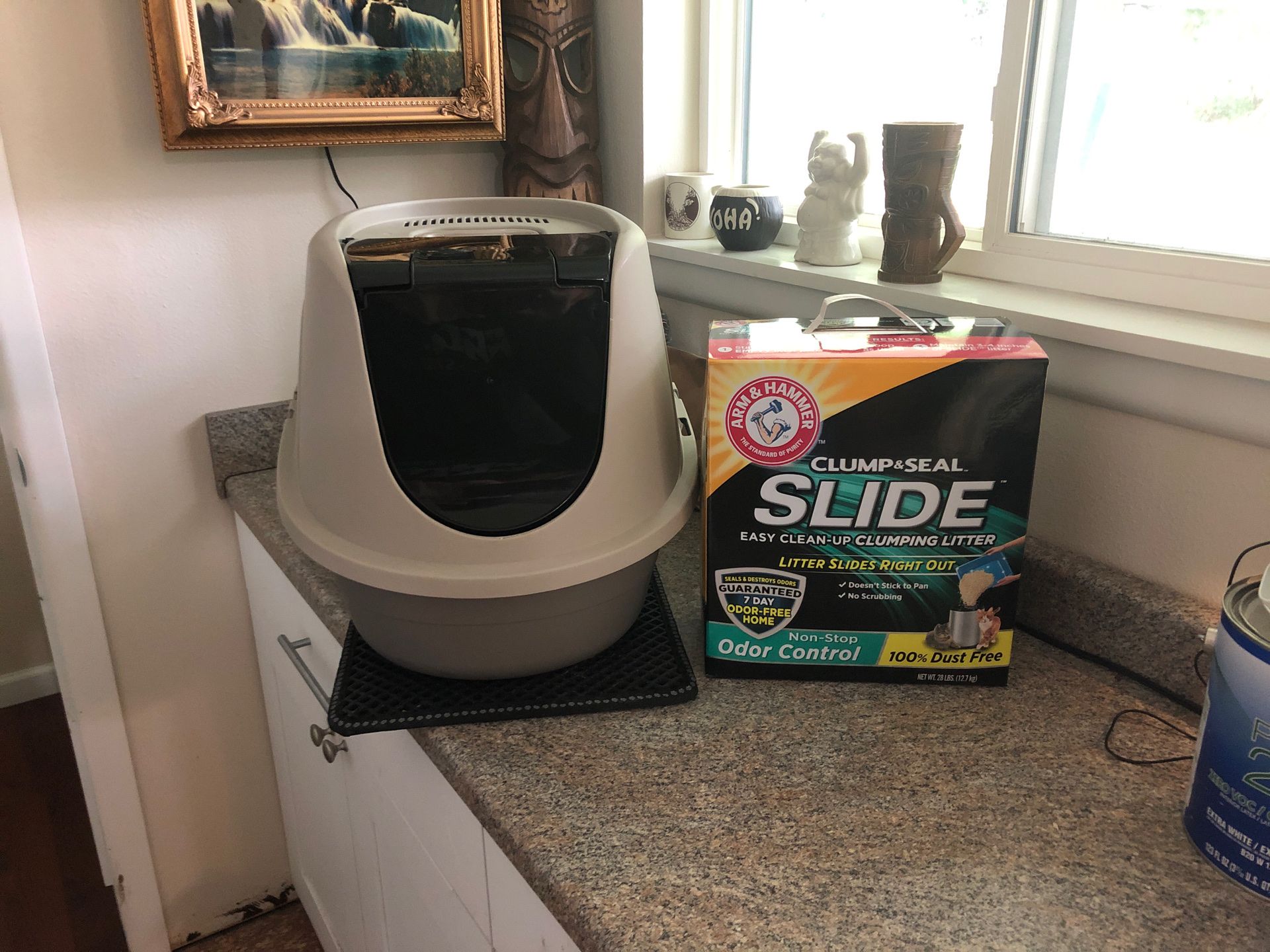 Large litter box and brand new box of litter