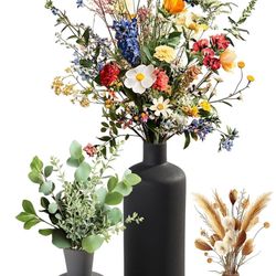 Ceramic Vase Set of 3 - Matte Textured Rustic Farmhouse Vases for Flowers, Home Decor - Kitchen, Living Room, Shelf, Mantel, Entryway Decor (Multicolo