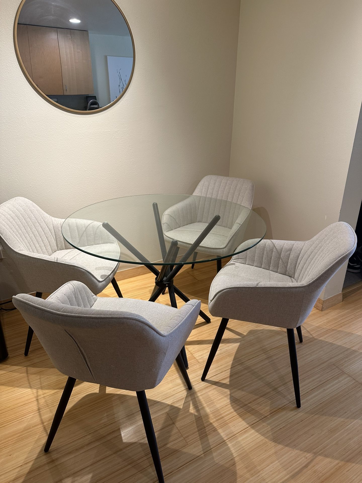 George Oliver Pedestal Dining Table & Elevens Boston Beige Upholstered Chairs