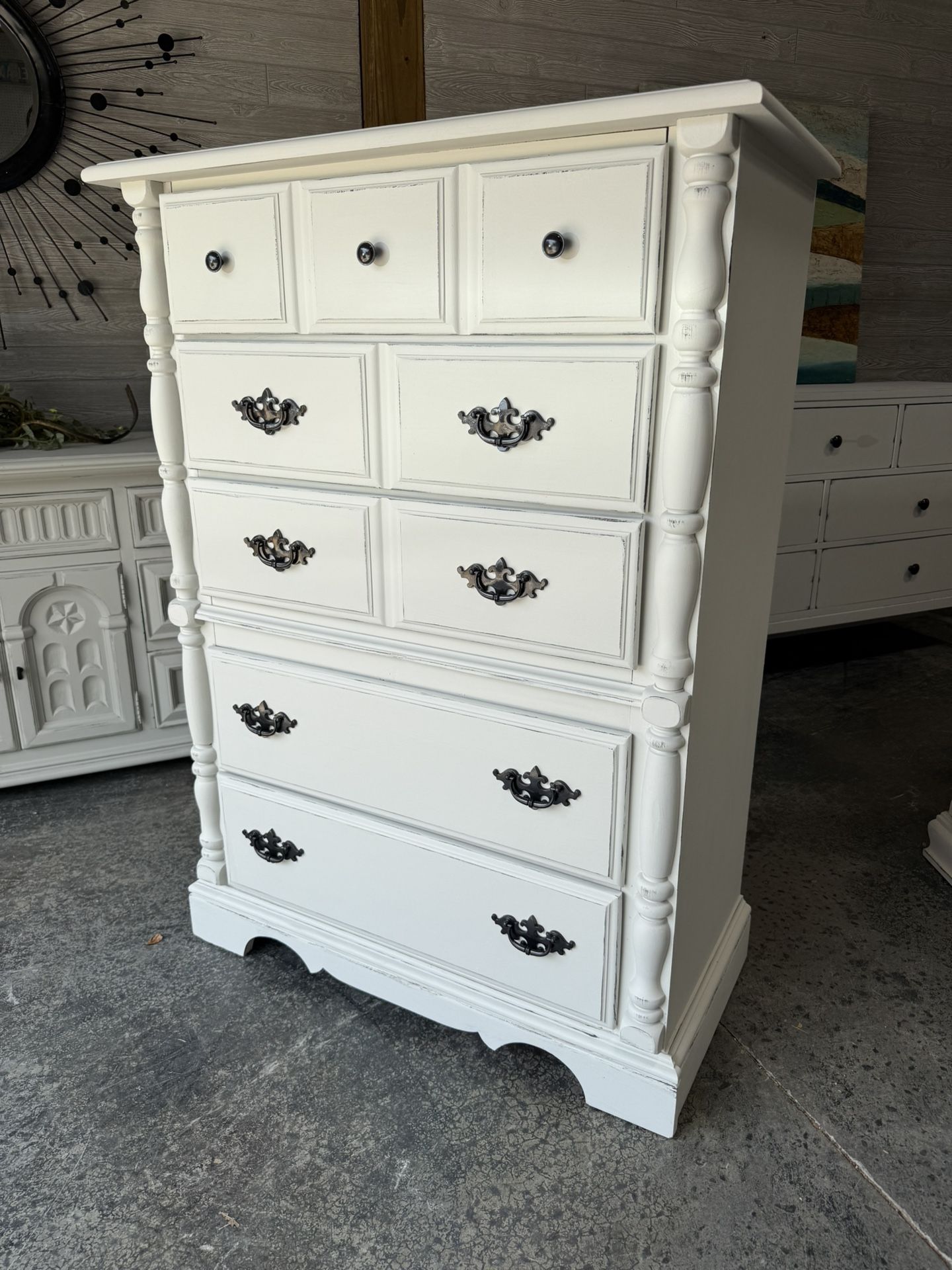 Farmhouse CHEST of drawers / tall dresser white distressed “Shivonne” other chest nightstand available also