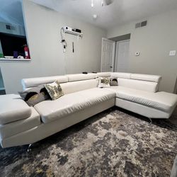 Wide Faux Leather Couch in White