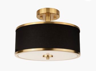 3-Light Semi Flush Mount Ceiling Light Fixture, 12.6" Gold Drum Light With Black Fabric Shade, Modern Close To Ceiling Light For Living Room Bedroom D