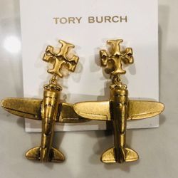 Tory Burch Gold Airplane Aviation double T logo stud dangle statement earrings