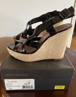 Vince Camuto Hattie Black Patent Wedge Sandals Size 8M