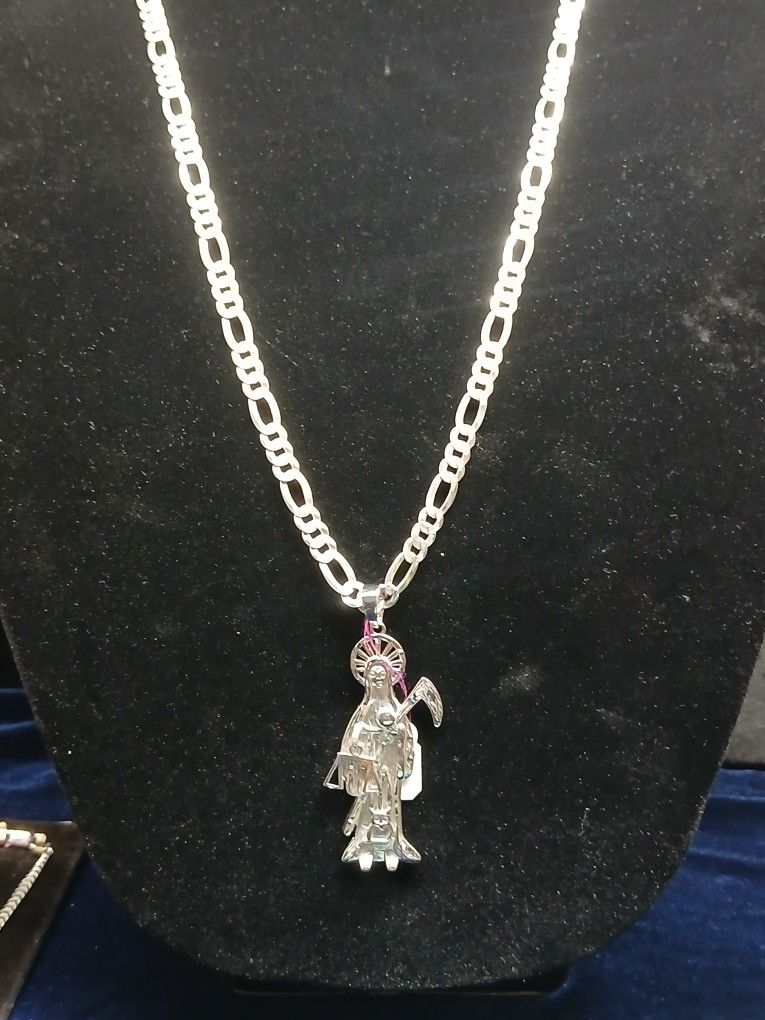 925 Silver Figaro Chain With Santa Muerte xxl Pendant