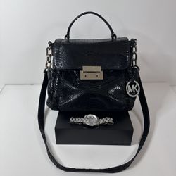 MICHAEL KORS Black Satchel & Bradshaw Watch (Bundle Deal)