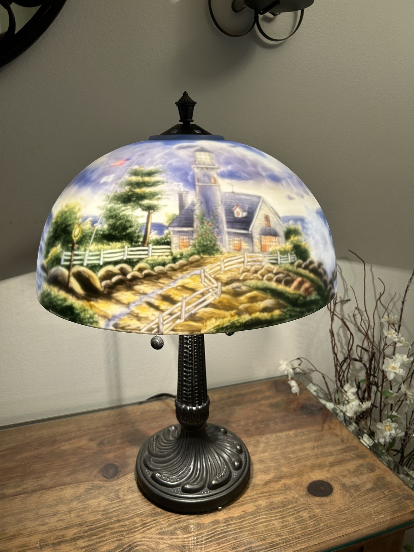 Thomas Kinkade Light in The Storm Seascape Reverse Painted Table Lamp