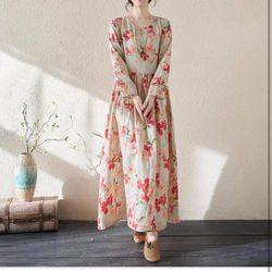 Spring Autumn Cotton Vintage Print Dresses For Women Casual Loose Long Fashion Vestidos Elegant Dress Office Lady Clothing Size: M