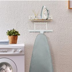 Ironing Board Hanger Wall Mount - Laundry Room Decor Iron and Ironing Board Holder with Large Storage Wooden Base Basket and Removable Hooks(T&V Shape